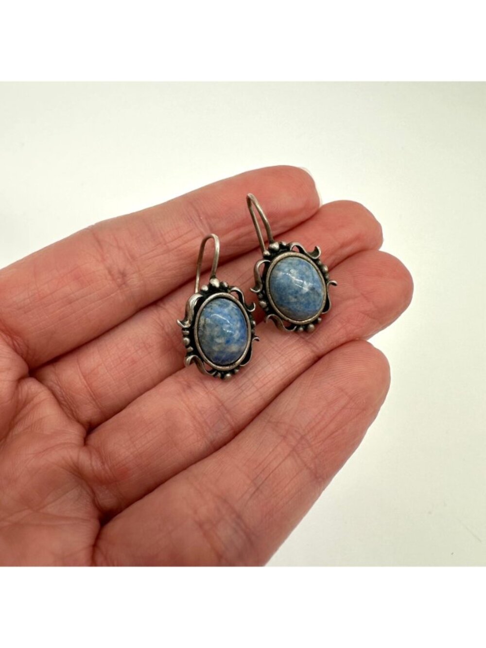 Vintage Sterling Silver Earrings Blue Sodalite Stone Boho Southwest Festival - Picture 7 of 7